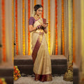 DEIANA'S Beautiful Designer Golden zari Soft Lichi Silk Saree - Cream