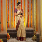 DEIANA'S Beautiful Designer Golden zari Soft Lichi Silk Saree - Cream
