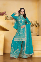 Teeya Creation Teal Color Natural Crepe Silk Wedding Wear Trending Palazzo Set - Distacart