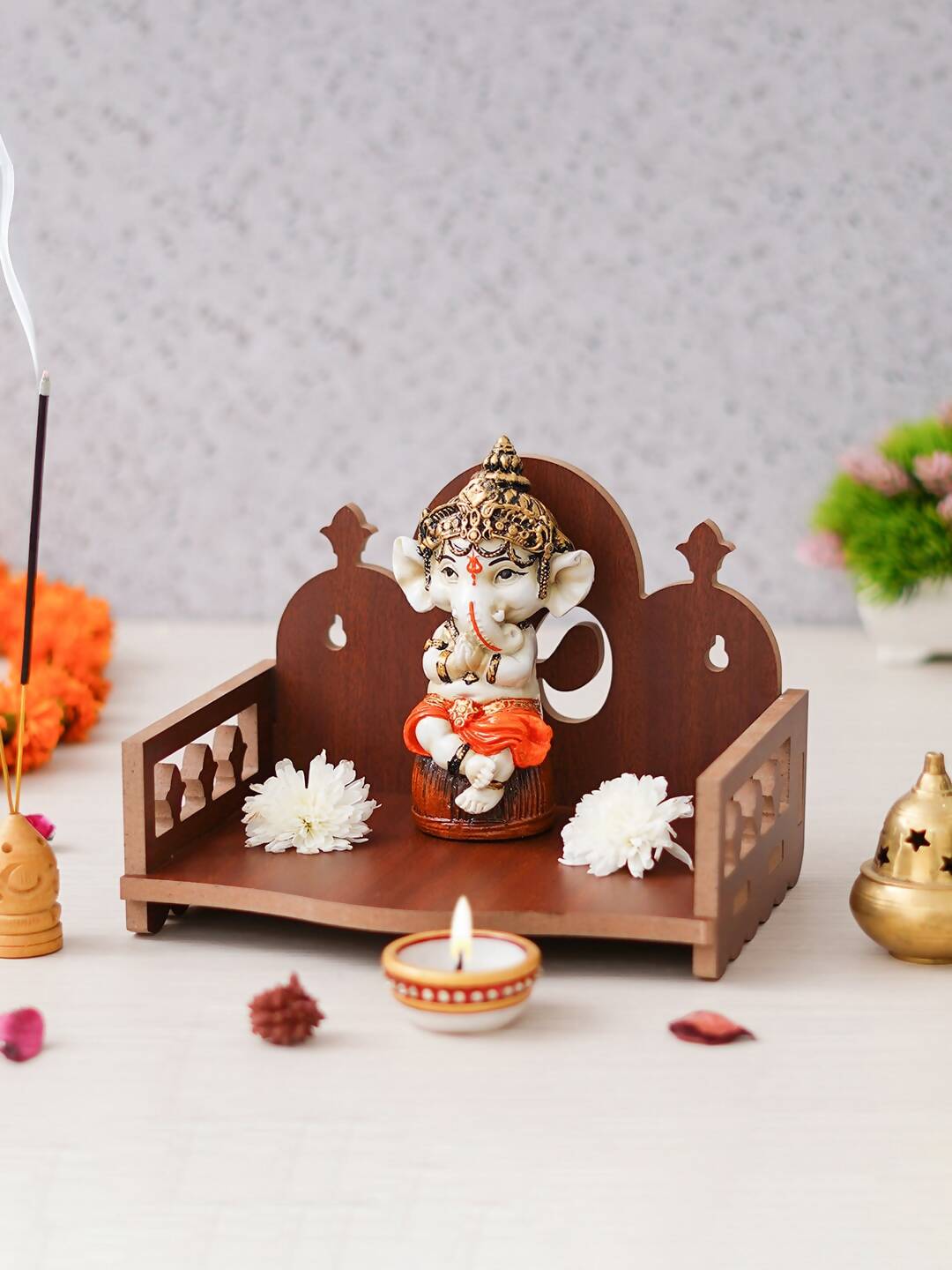 eCraftIndia Brown Om Symbol Decorative Wooden Pooja Temple