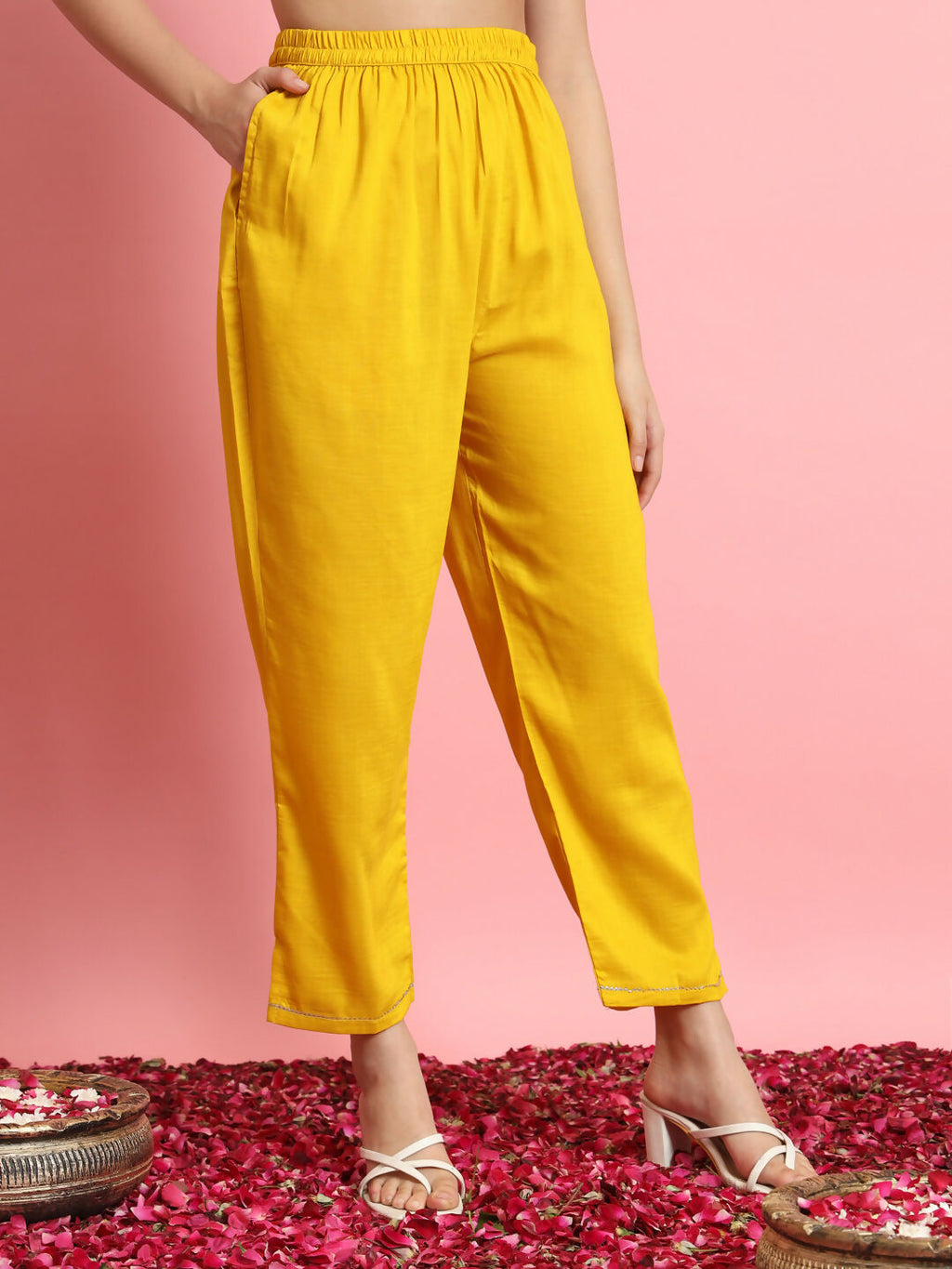 Vellora Sunshine Yellow Silk Blend Embroidered Casual Suit