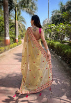 Teeya Creation Lemon Yellow Color Twill Net Designer Embroidery Work Saree - Distacart