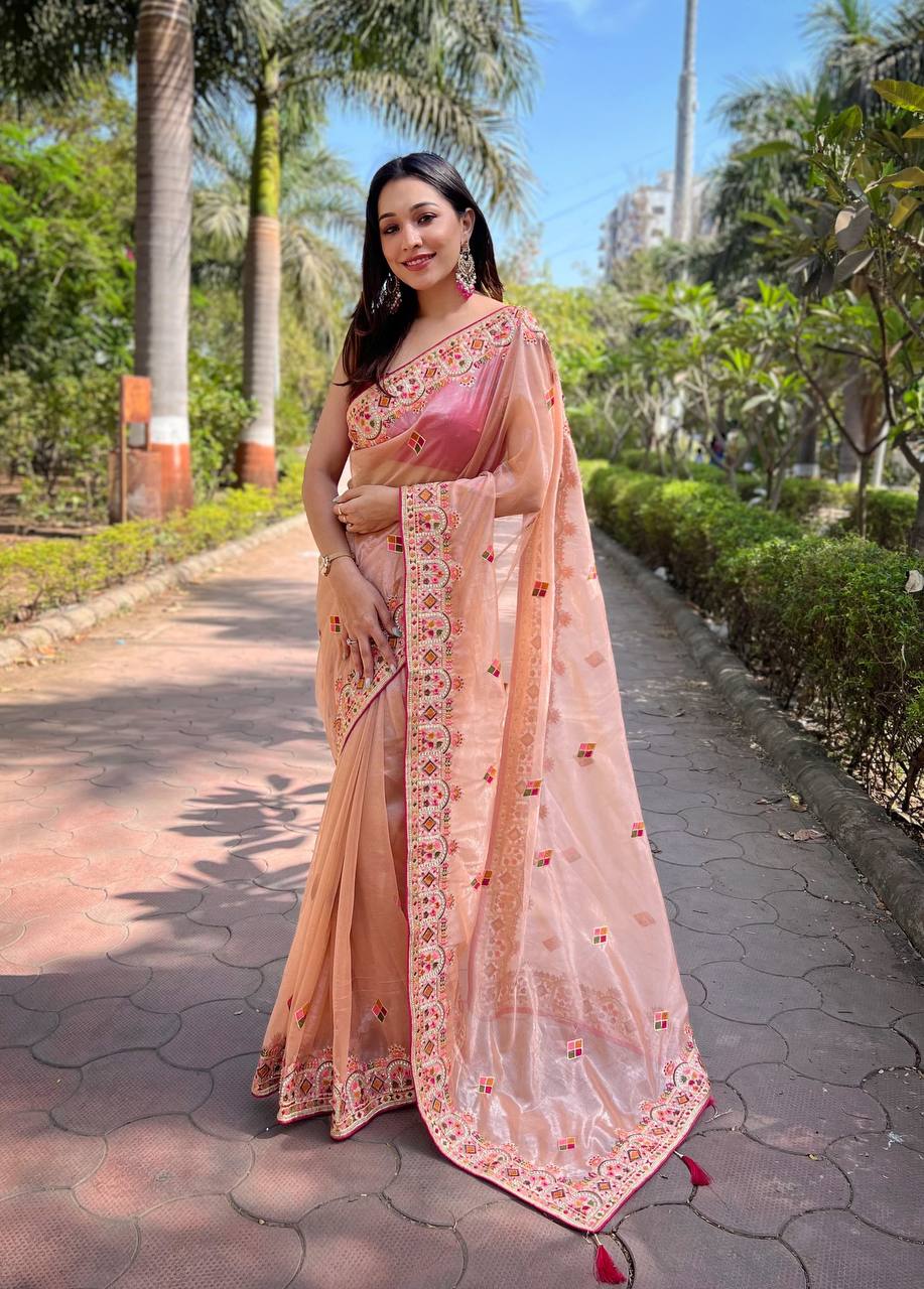 Teeya Creation Peach Color Twill Net Designer Embroidery Work Saree - Distacart