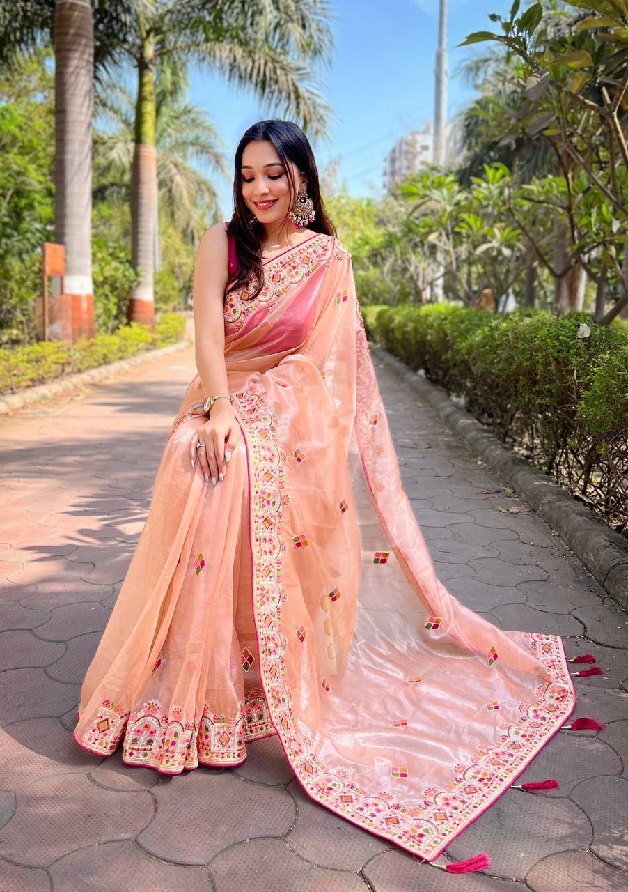 Teeya Creation Peach Color Twill Net Designer Embroidery Work Saree - Distacart