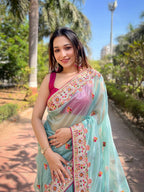 Teeya Creation Sky Color Twill Net Designer Embroidery Work Saree - Distacart