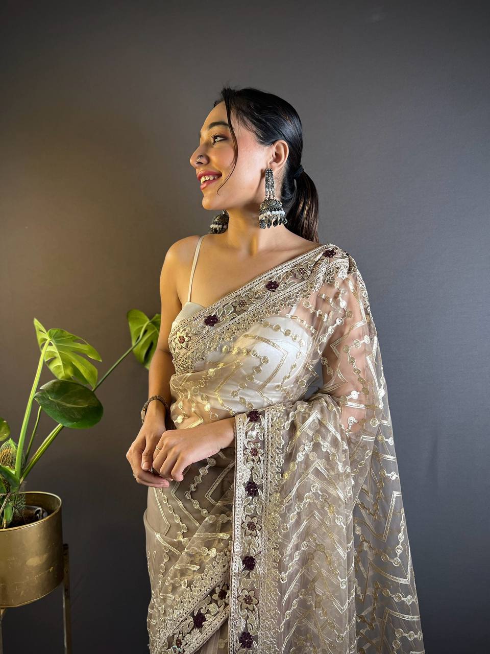Teeya Creation Chiku Color Butterfly Net Embroidery Work Saree