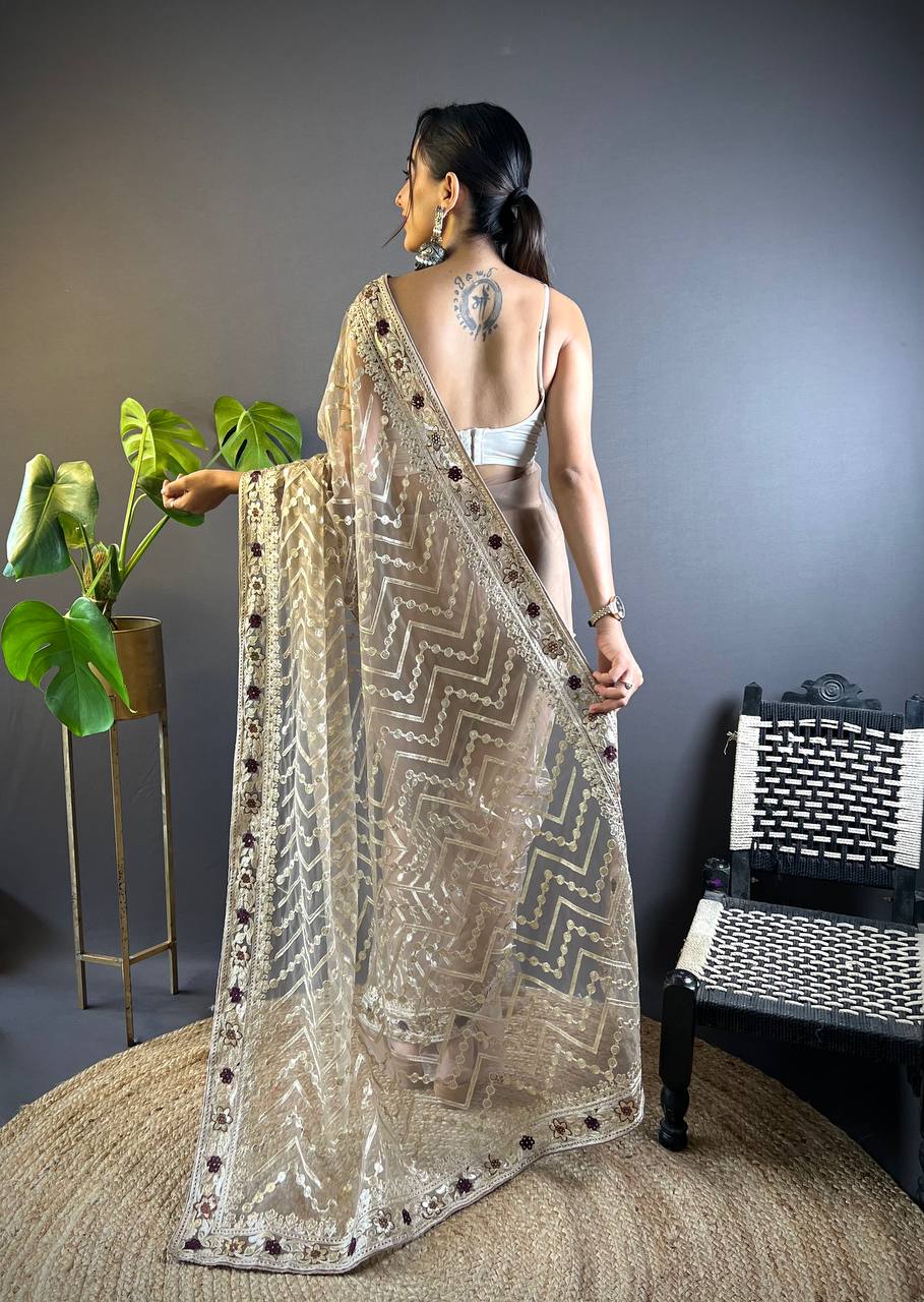 Teeya Creation Chiku Color Butterfly Net Embroidery Work Saree
