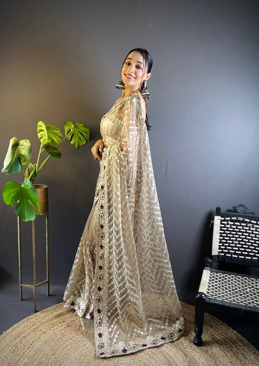 Teeya Creation Chiku Color Butterfly Net Embroidery Work Saree