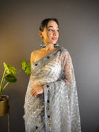Teeya Creation Grey Color Butterfly Net Embroidery Work Saree