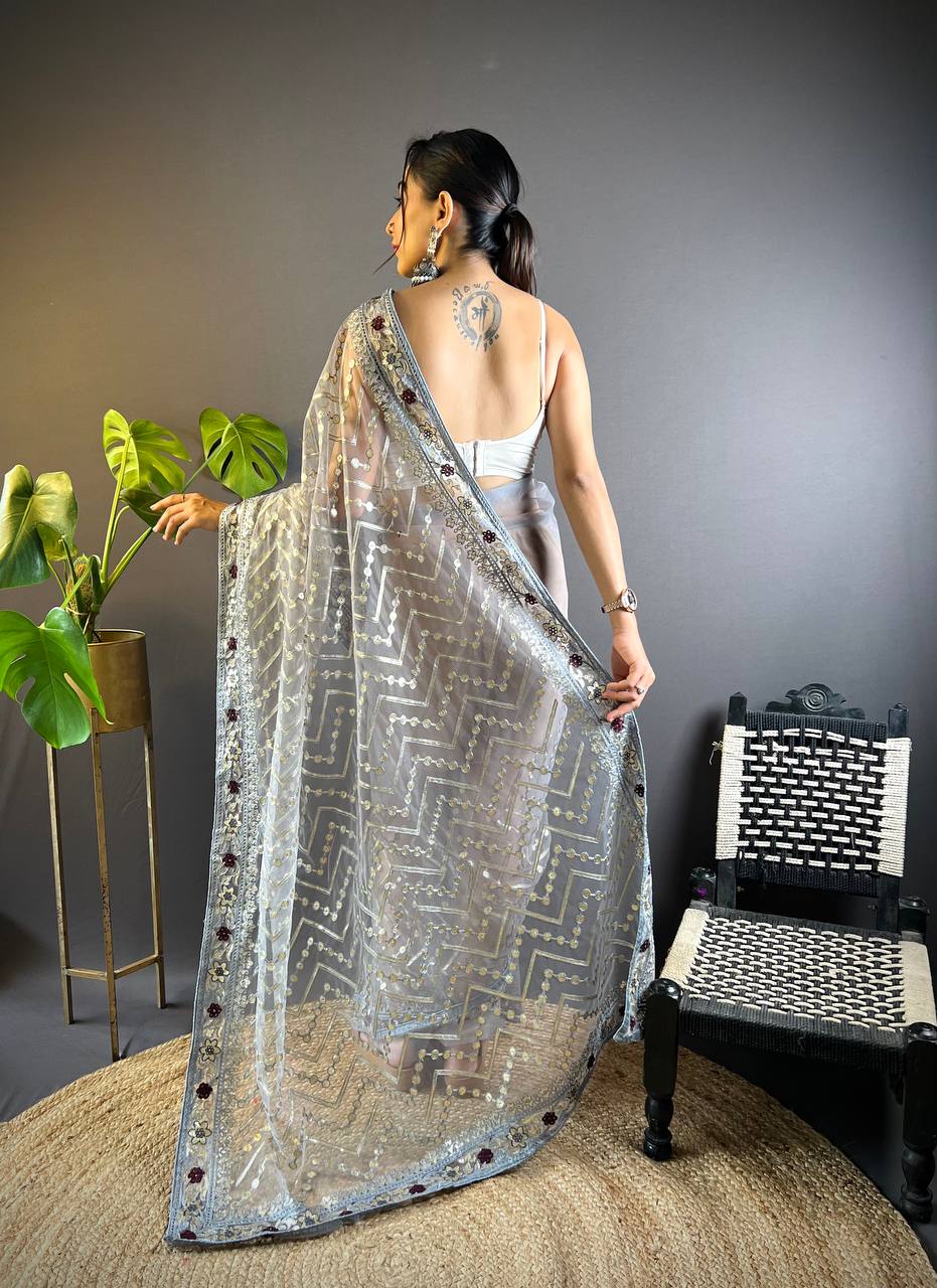 Teeya Creation Grey Color Butterfly Net Embroidery Work Saree