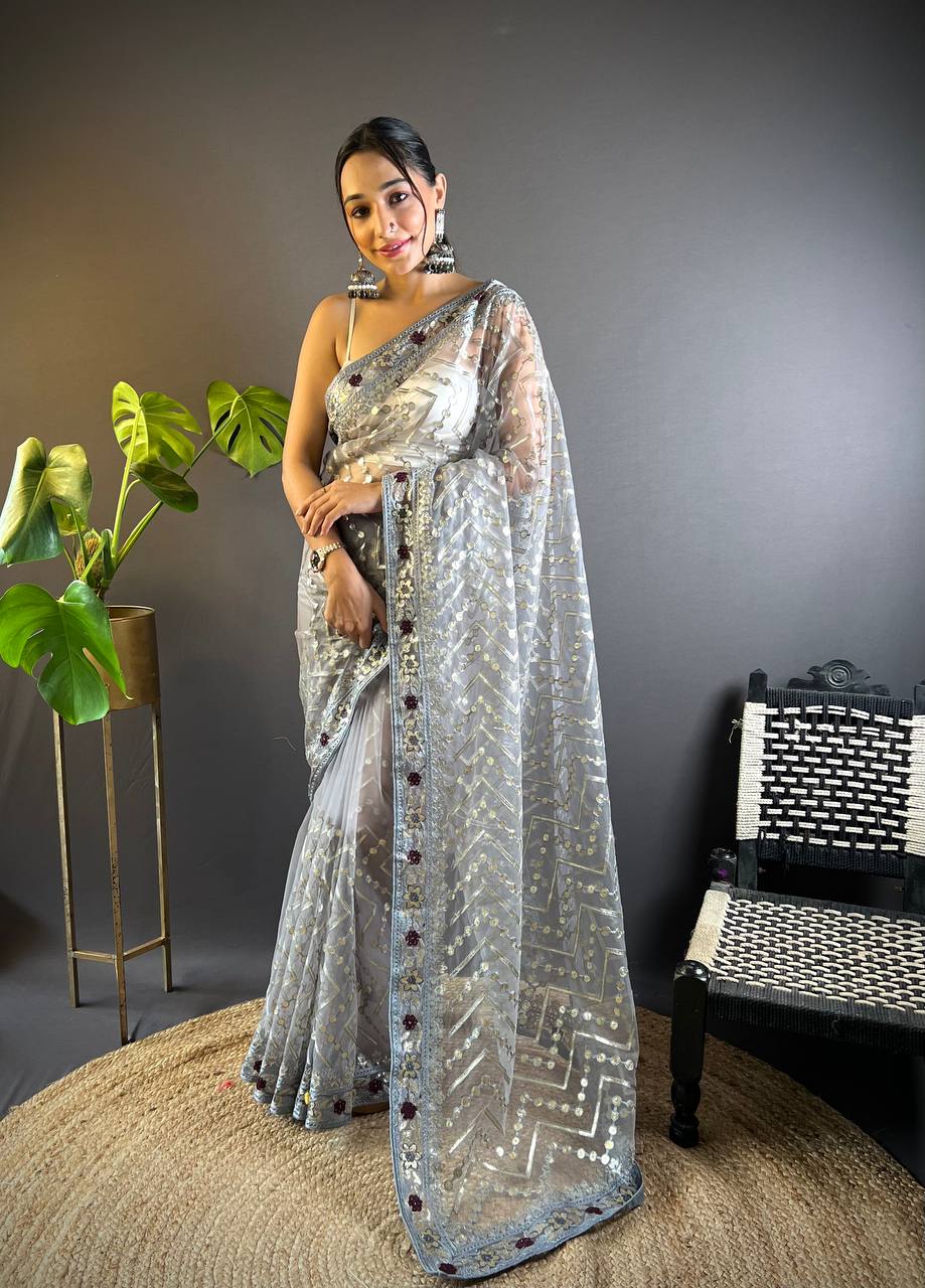 Teeya Creation Grey Color Butterfly Net Embroidery Work Saree