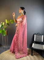Teeya Creation Pink Color Butterfly Net Embroidery Work Saree