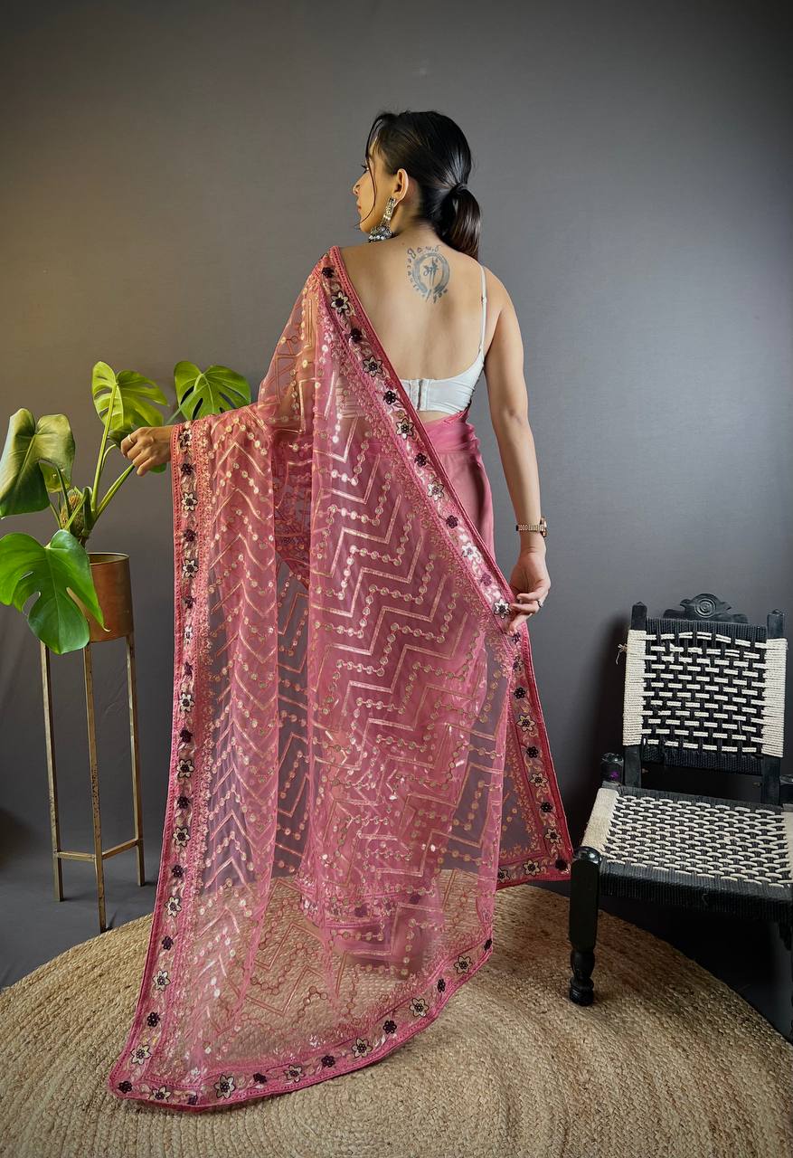Teeya Creation Pink Color Butterfly Net Embroidery Work Saree