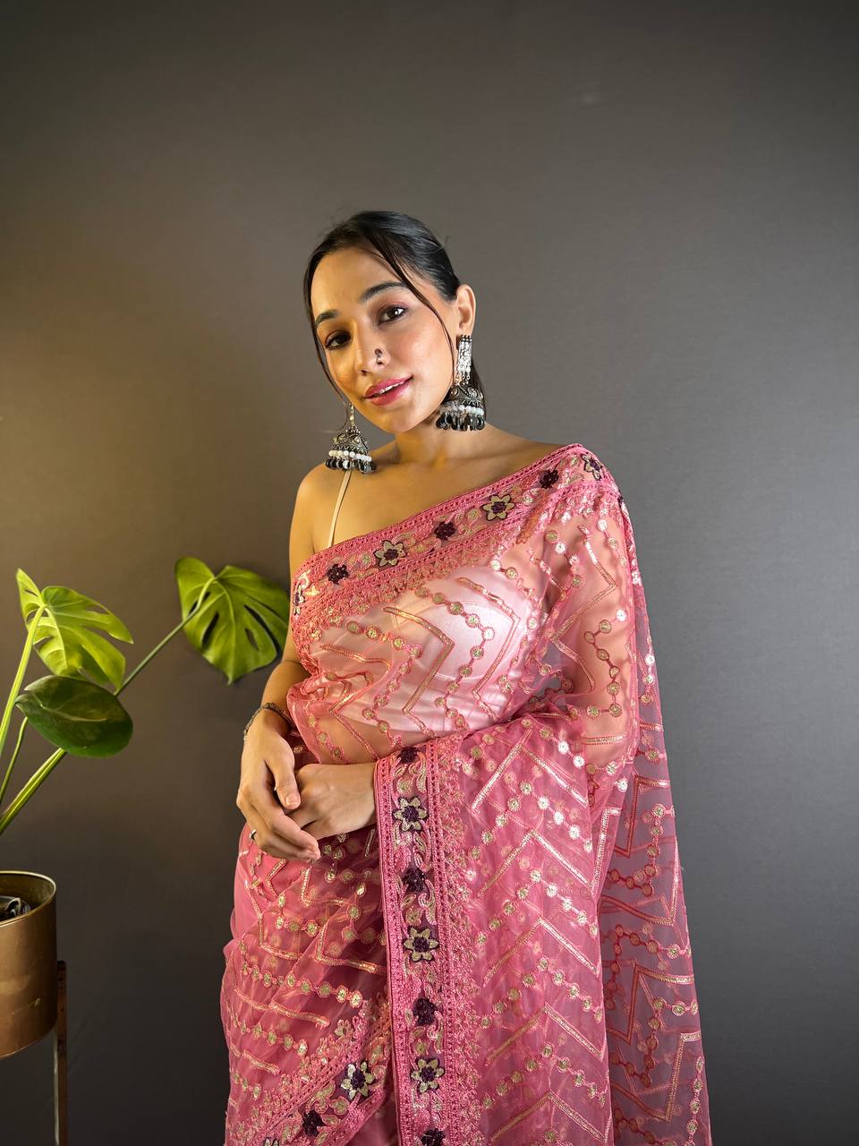 Teeya Creation Pink Color Butterfly Net Embroidery Work Saree
