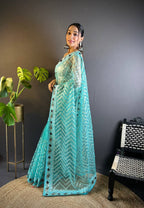 Teeya Creation Sky Color Butterfly Net Embroidery Work Saree