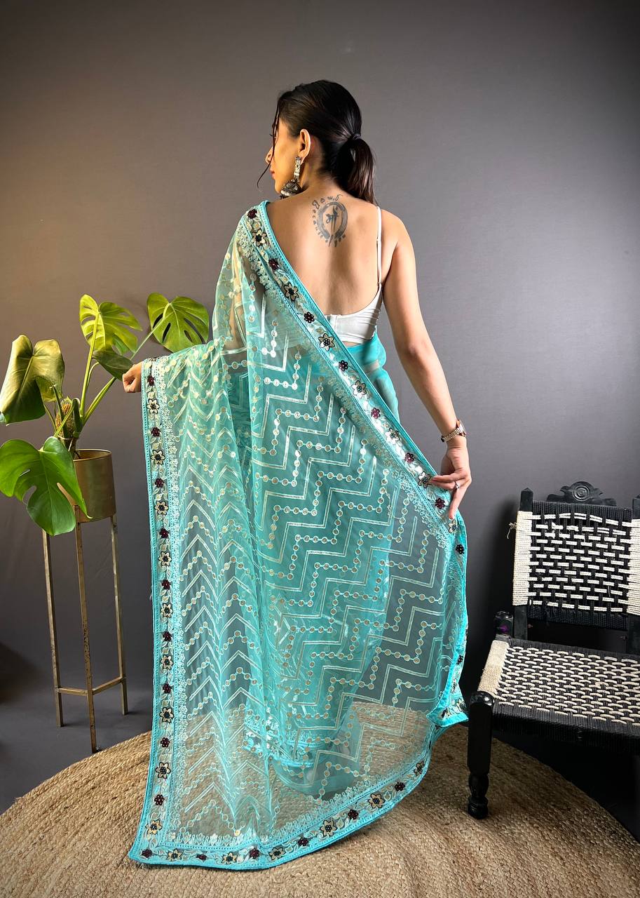 Teeya Creation Sky Color Butterfly Net Embroidery Work Saree
