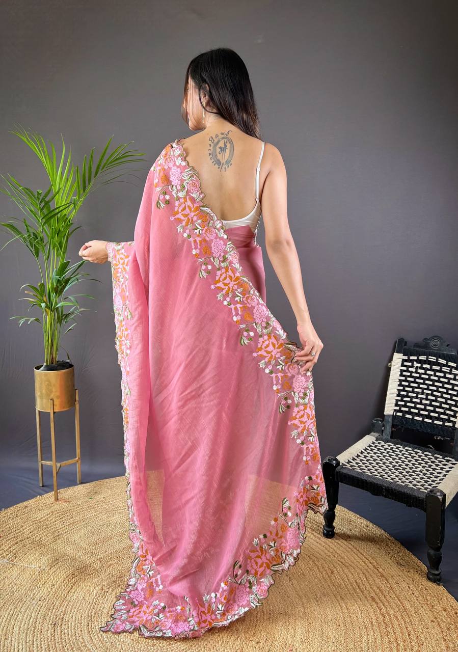 Teeya Creation Gajari Color Soft Glossy Silk Heavy Embroidery Work Saree - Distacart