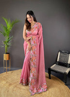 Teeya Creation Gajari Color Soft Glossy Silk Heavy Embroidery Work Saree - Distacart