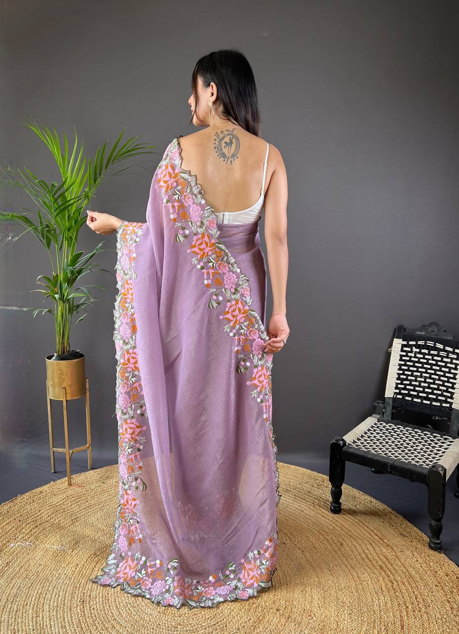 Teeya Creation Onion Color Soft Glossy Silk Heavy Embroidery Work Saree - Distacart