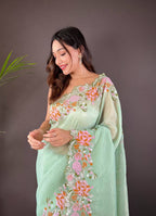 Teeya Creation Pista Color Soft Glossy Silk Heavy Embroidery Work Saree - Distacart