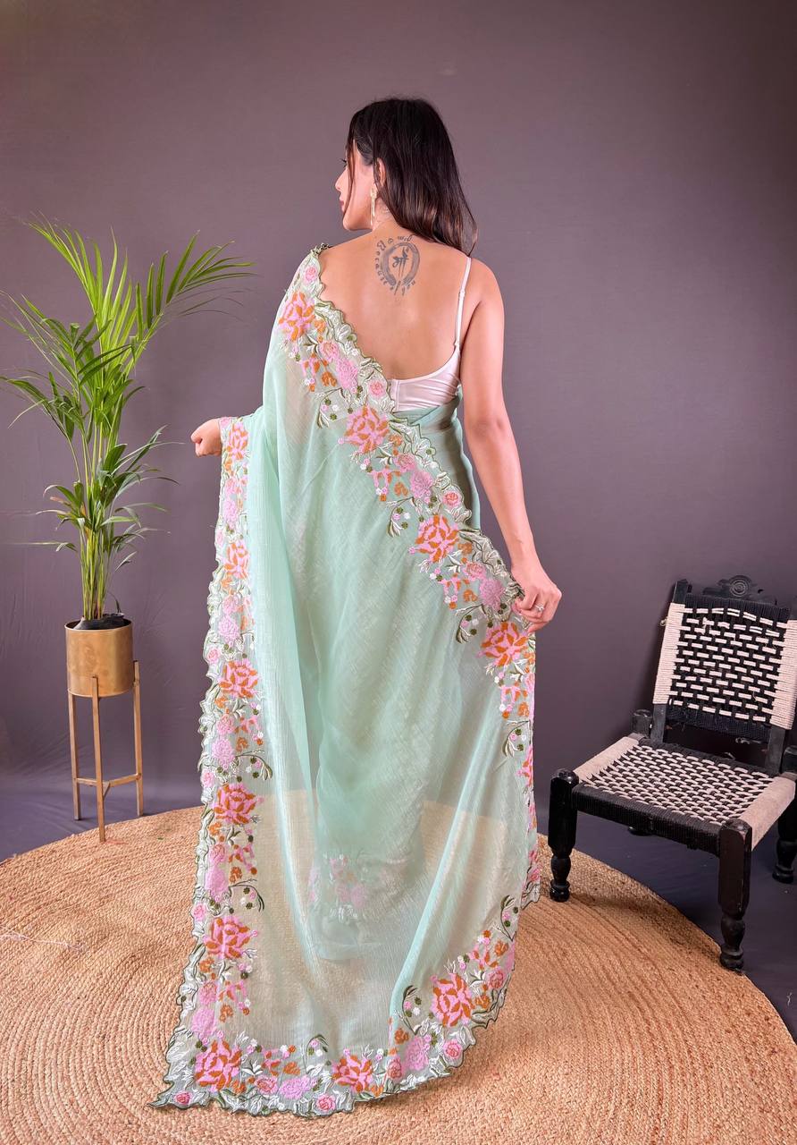 Teeya Creation Pista Color Soft Glossy Silk Heavy Embroidery Work Saree - Distacart