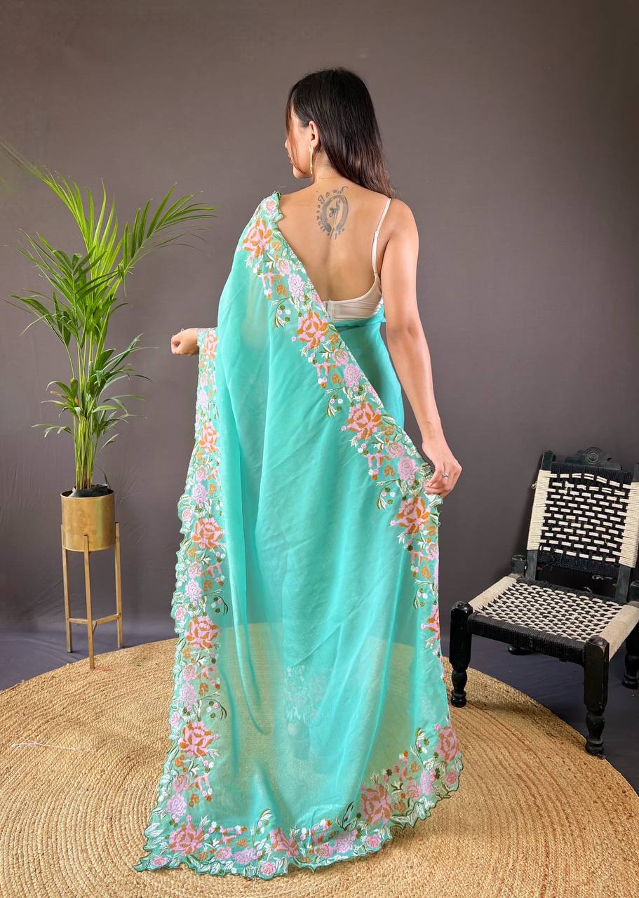 Teeya Creation Turquoise Color Soft Glossy Silk Heavy Embroidery Work Saree - Distacart
