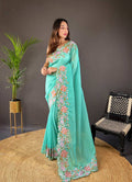Teeya Creation Turquoise Color Soft Glossy Silk Heavy Embroidery Work Saree - Distacart