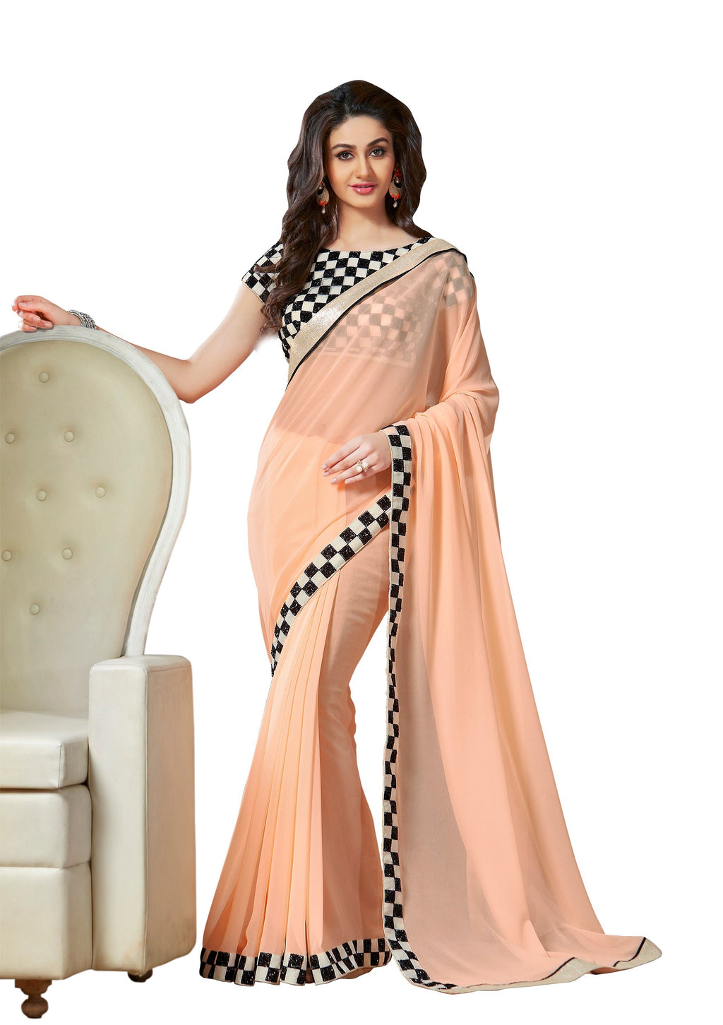 Vamika Peach Designer Georgette Embroidery Saree