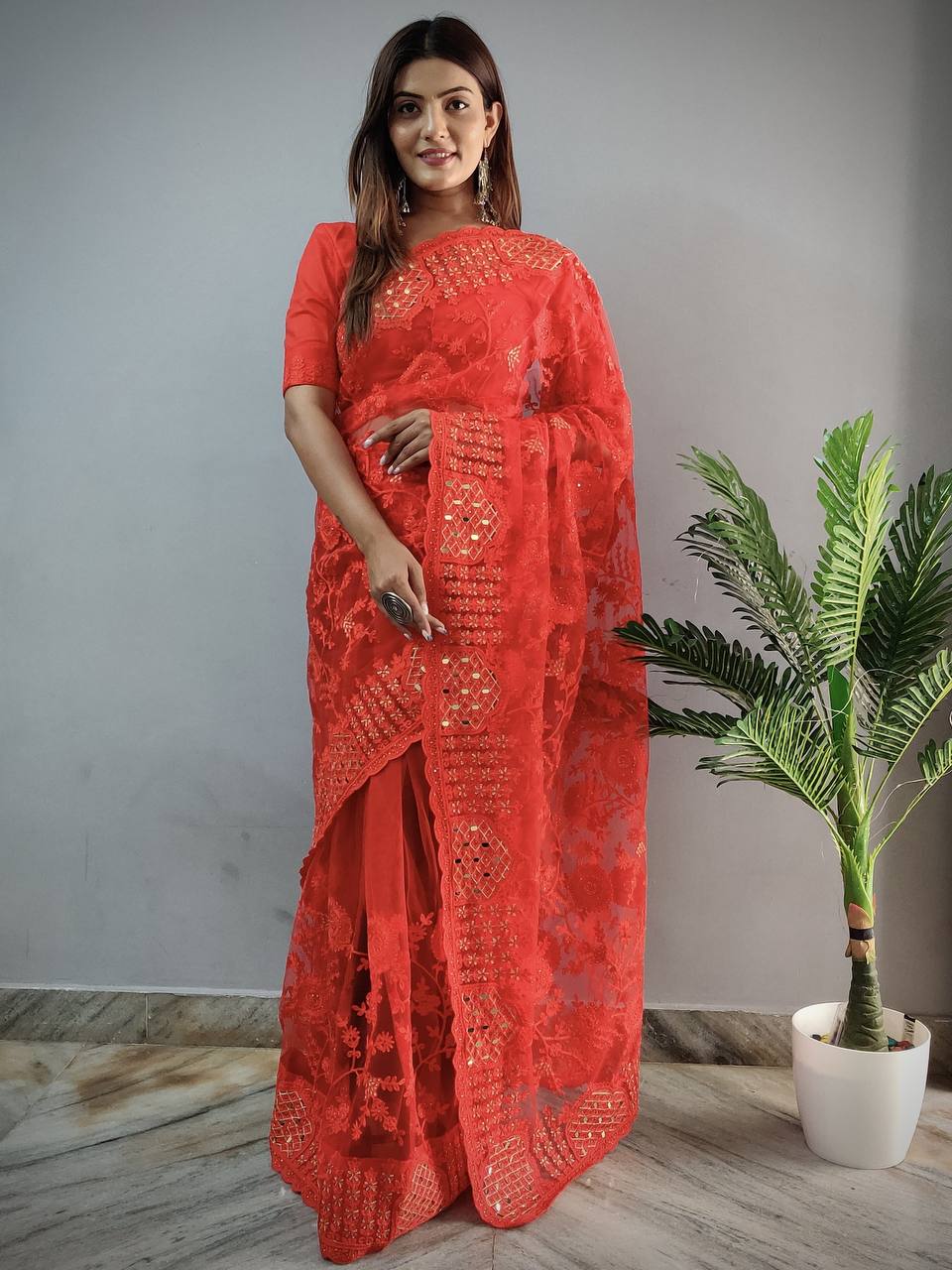 Teeya Creation Red Color Butterfly Work Embroidery Work Saree