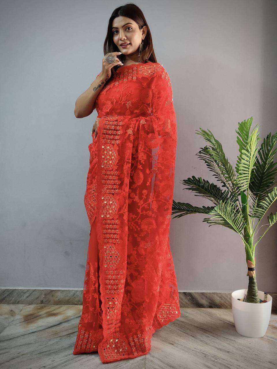 Teeya Creation Red Color Butterfly Work Embroidery Work Saree