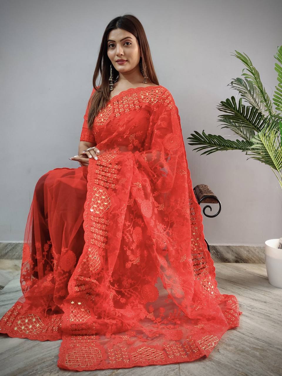Teeya Creation Red Color Butterfly Work Embroidery Work Saree