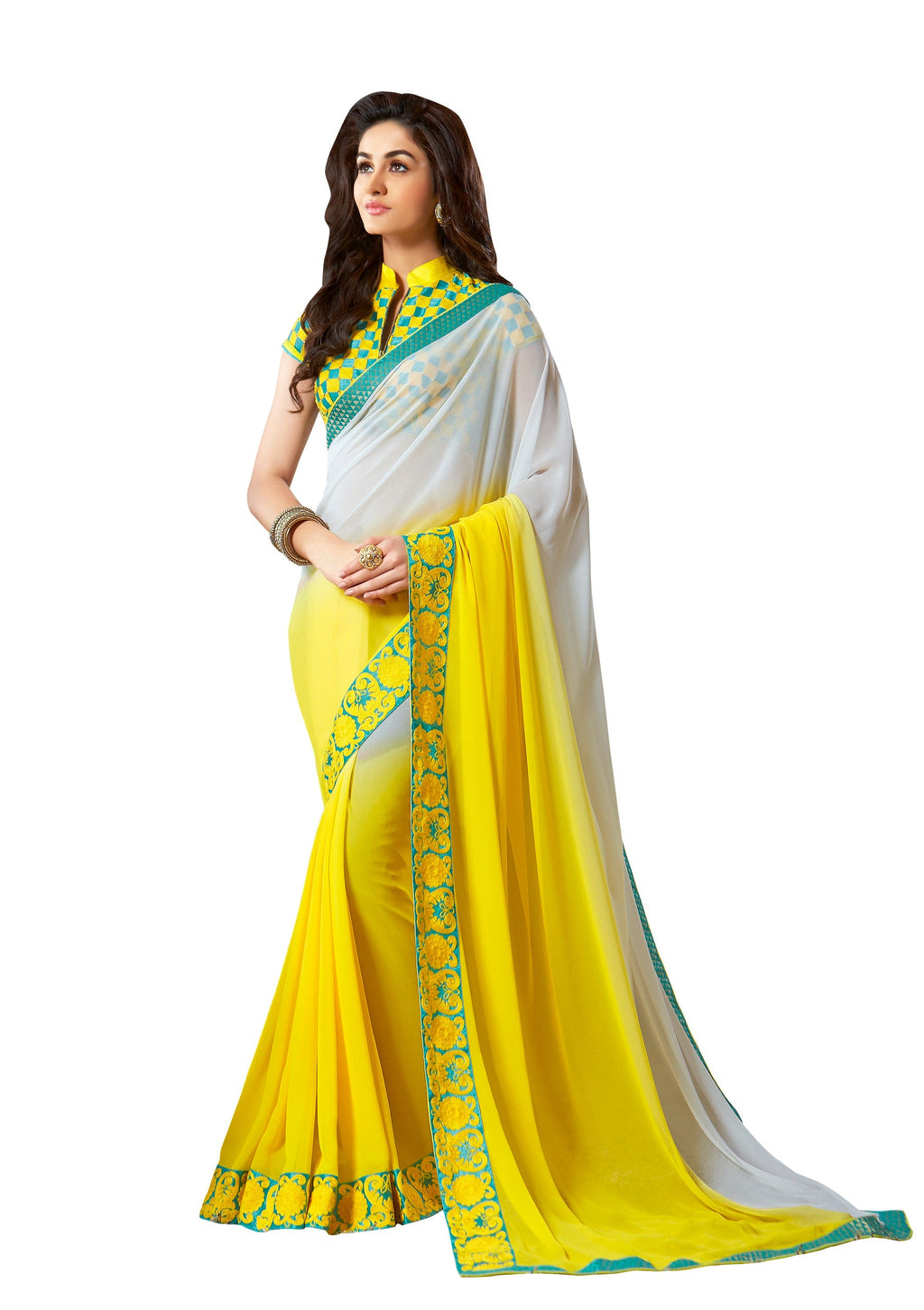 Vamika White & Yellow Designer Georgette Embroidery Saree