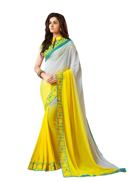 Vamika White & Yellow Designer Georgette Embroidery Saree