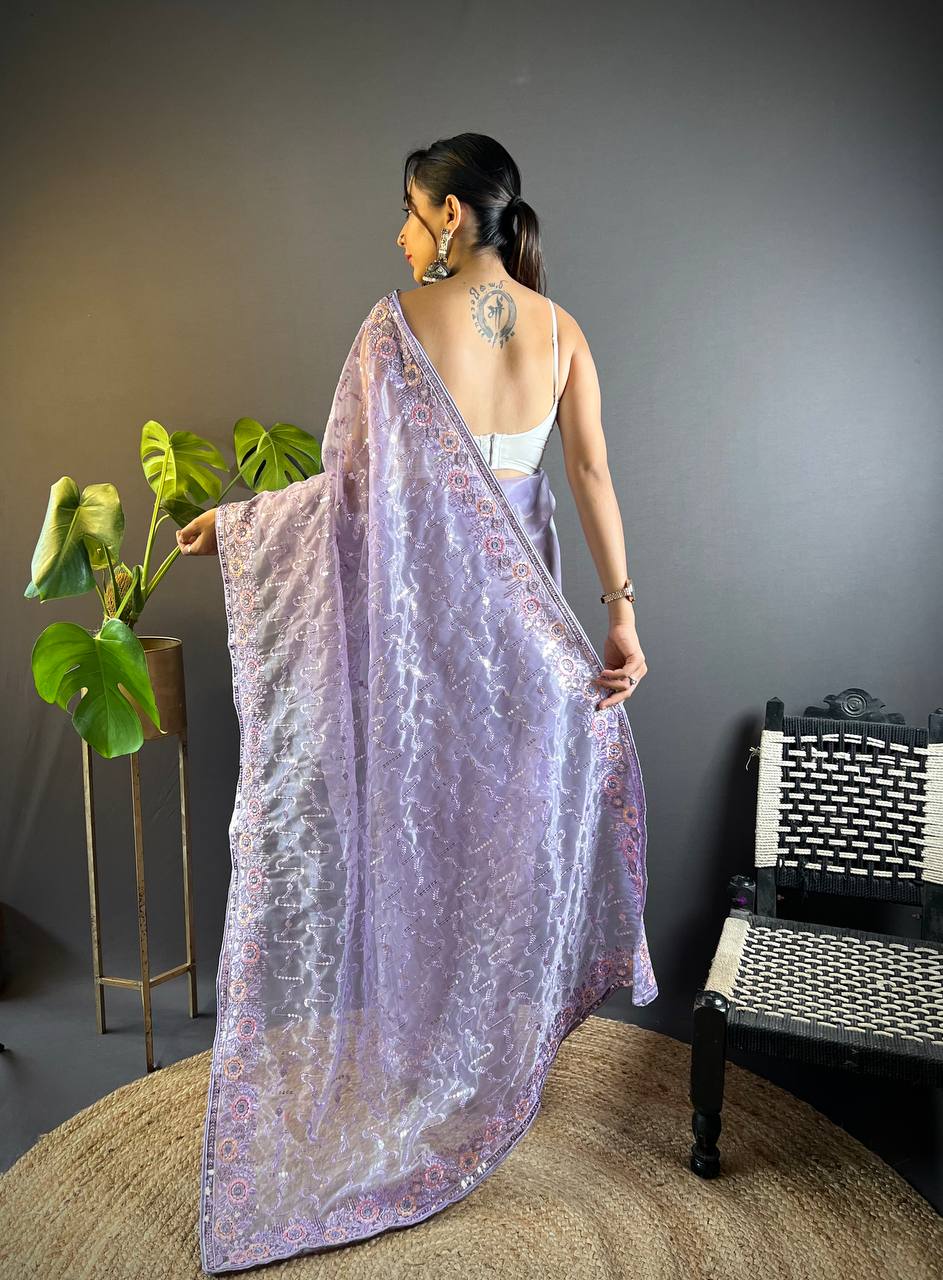 Teeya Creation Lavender Color Twill Net Heavy Work Saree