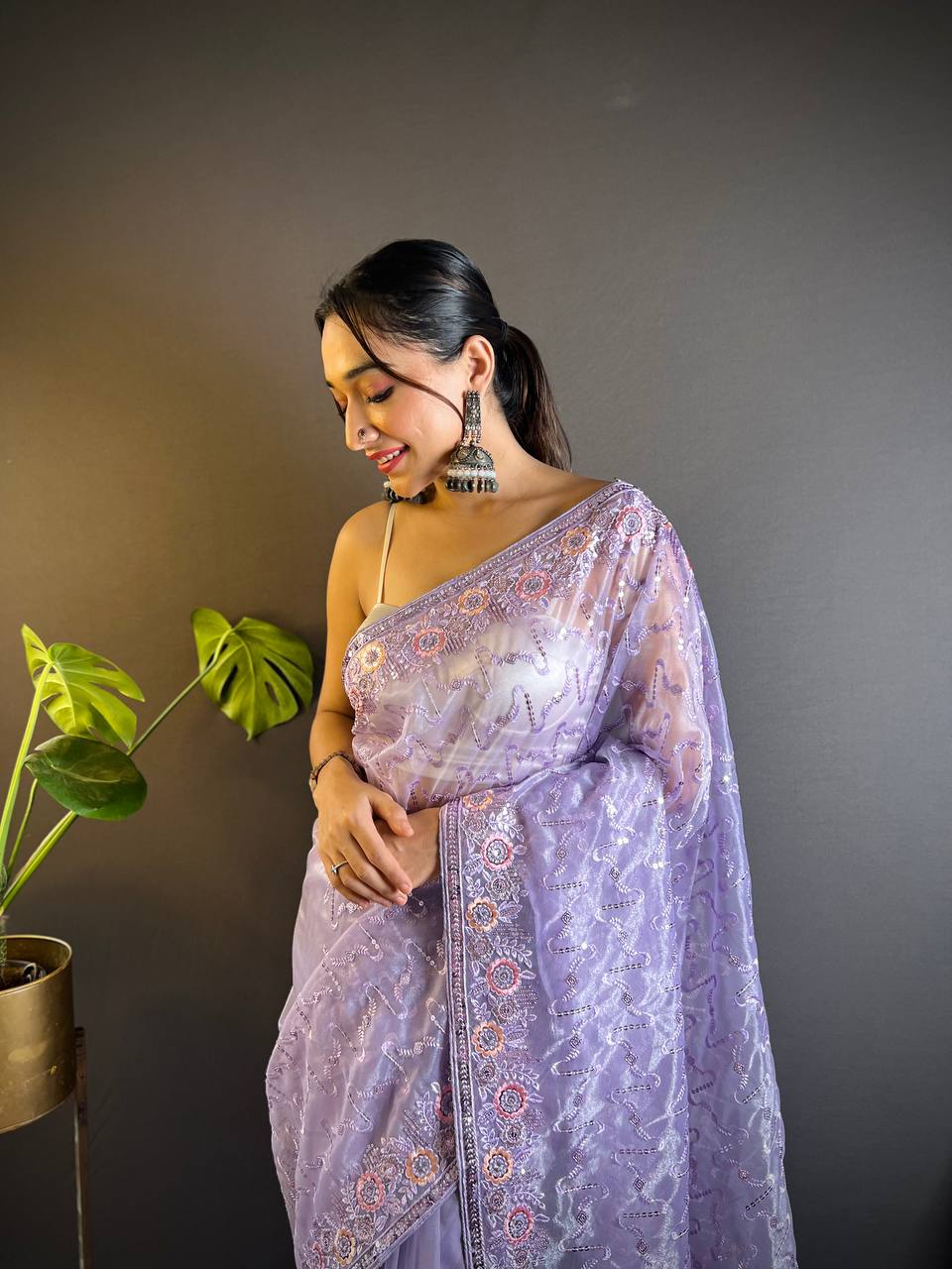 Teeya Creation Lavender Color Twill Net Heavy Work Saree