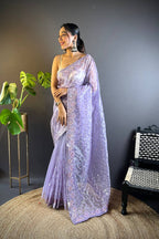 Teeya Creation Lavender Color Twill Net Heavy Work Saree