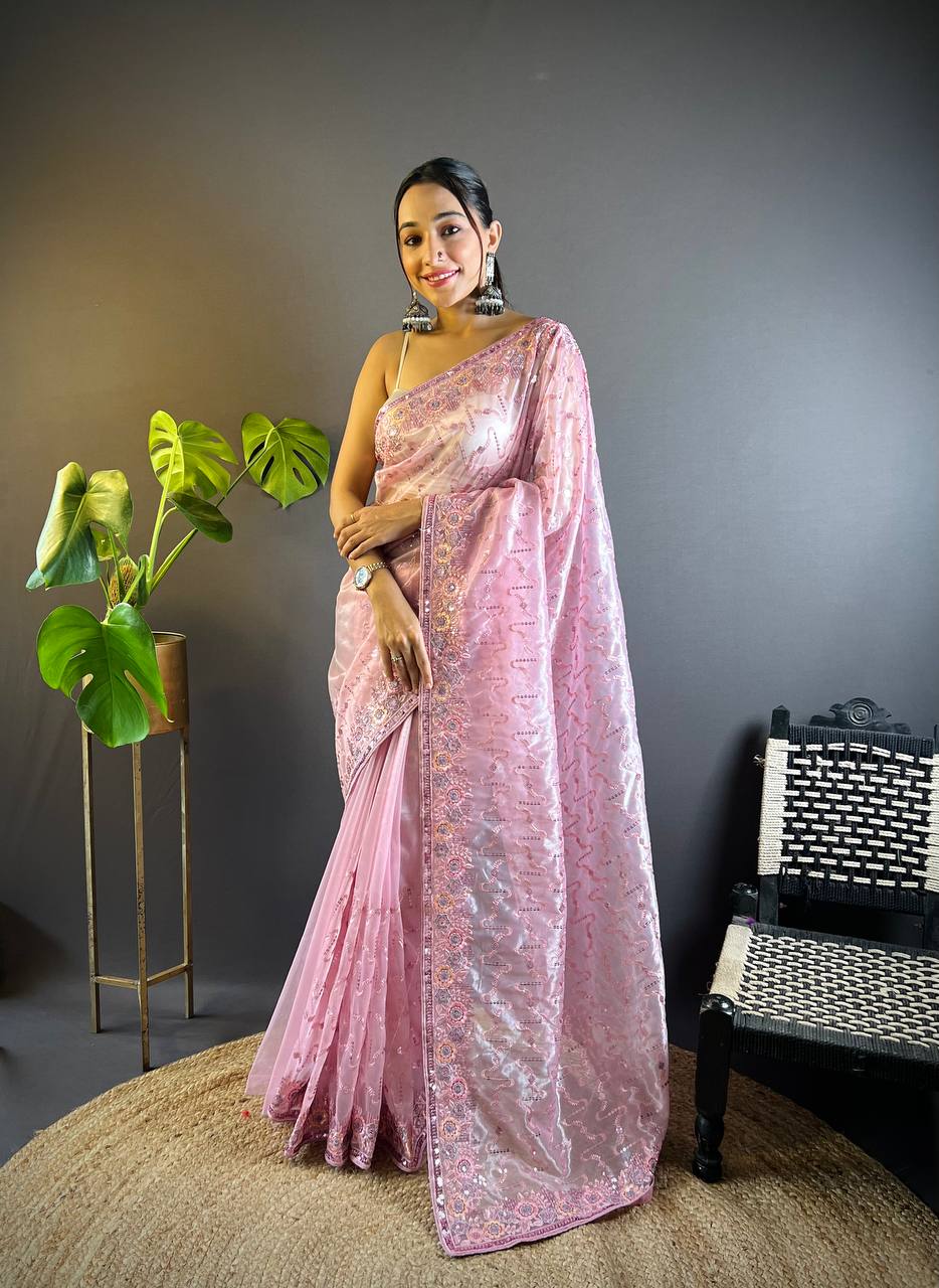 Teeya Creation Pink Color Twill Net Heavy Work Saree