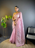 Teeya Creation Pink Color Twill Net Heavy Work Saree