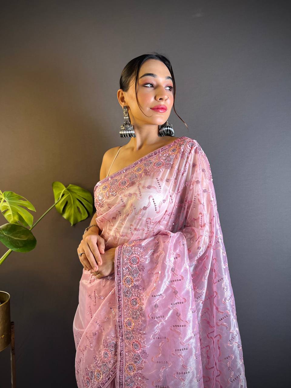 Teeya Creation Pink Color Twill Net Heavy Work Saree