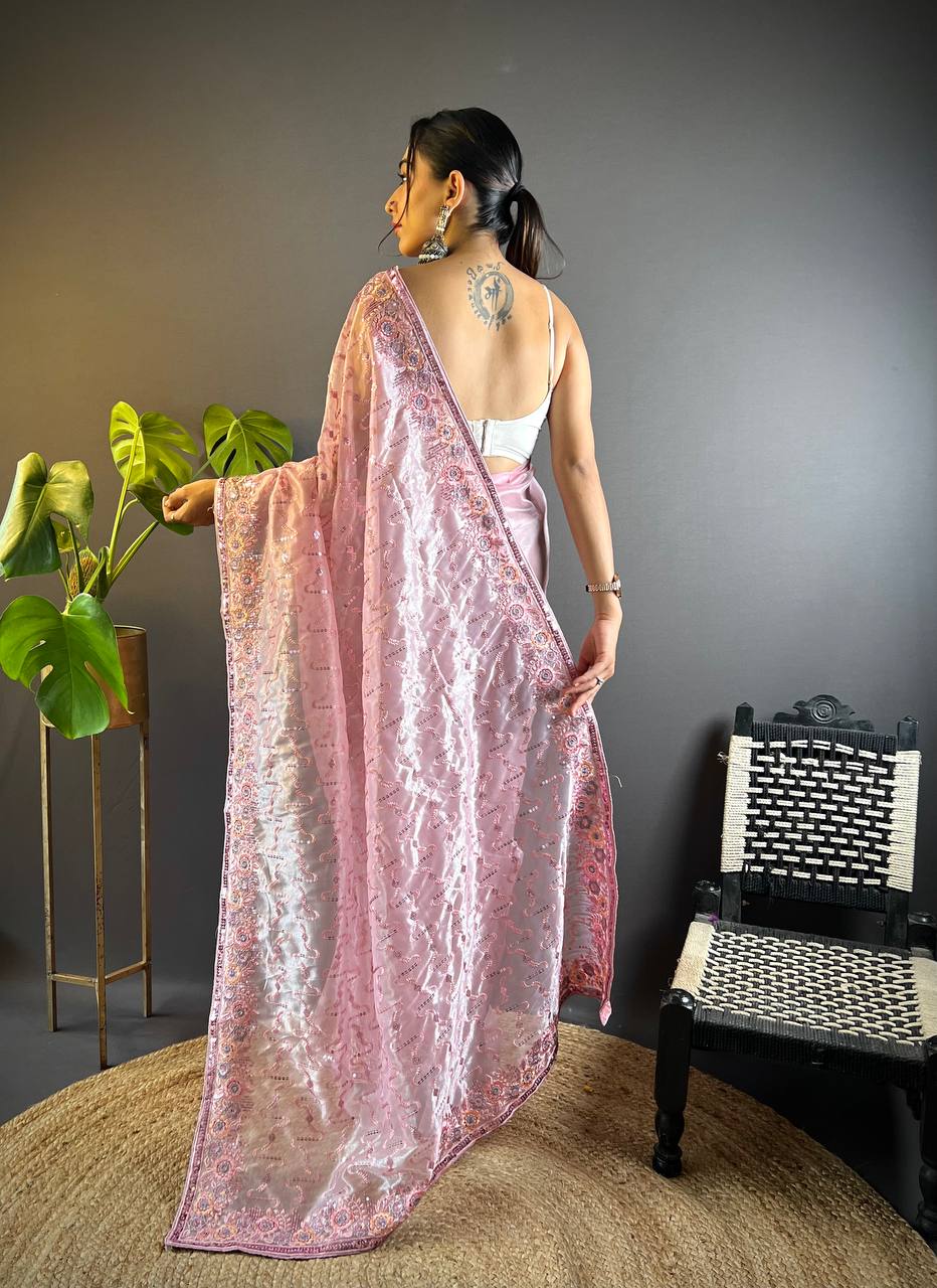 Teeya Creation Pink Color Twill Net Heavy Work Saree