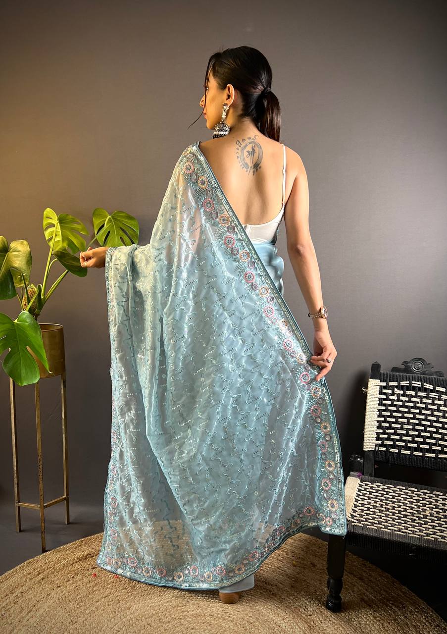 Teeya Creation Sky Color Twill Net Heavy Work Saree