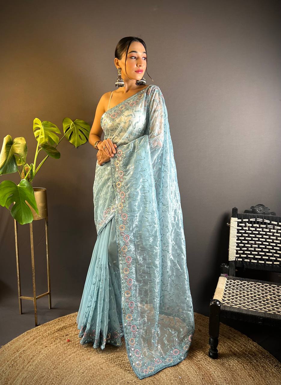 Teeya Creation Sky Color Twill Net Heavy Work Saree