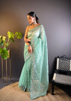 Teeya Creation Teal Color Twill Net Heavy Work Saree