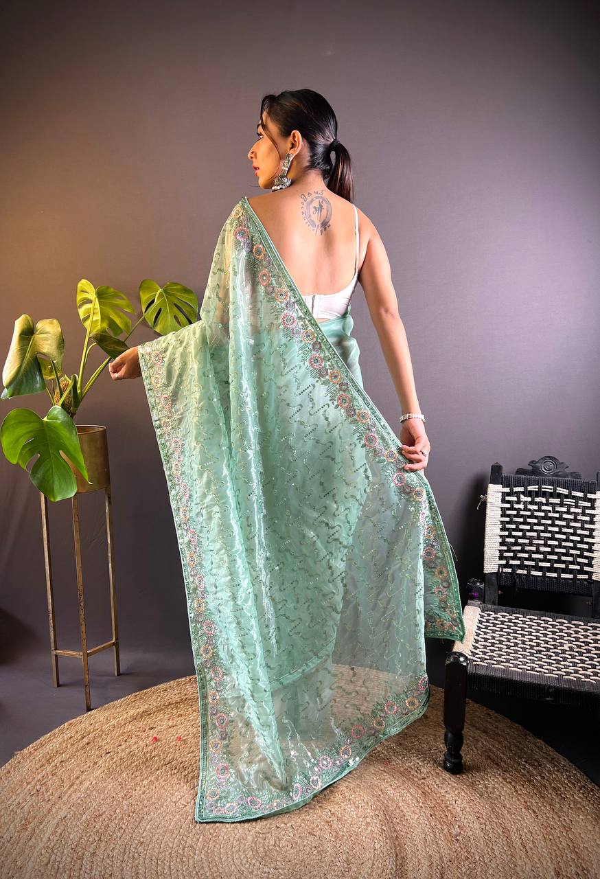 Teeya Creation Teal Color Twill Net Heavy Work Saree