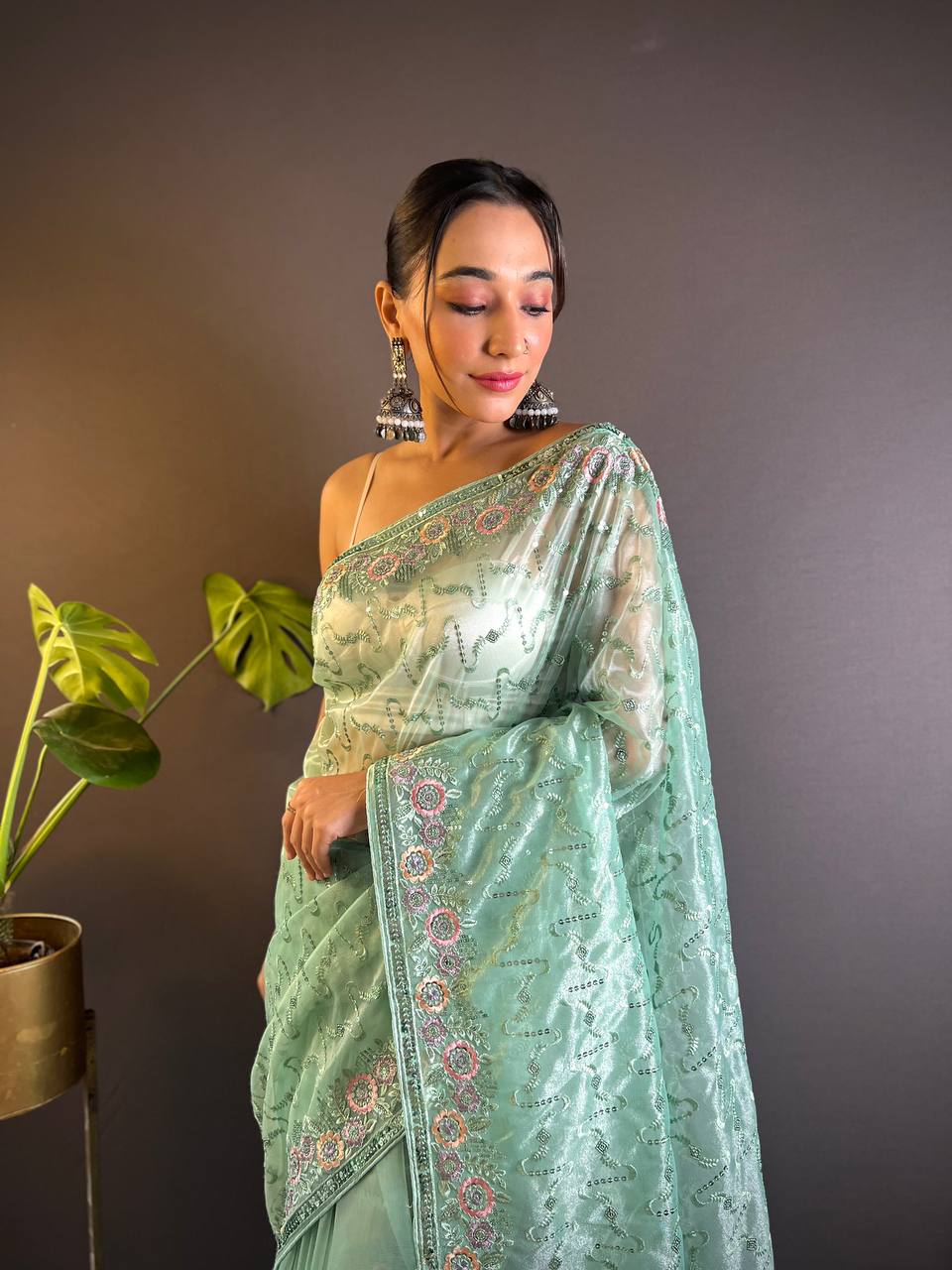 Teeya Creation Teal Color Twill Net Heavy Work Saree