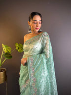 Teeya Creation Teal Color Twill Net Heavy Work Saree