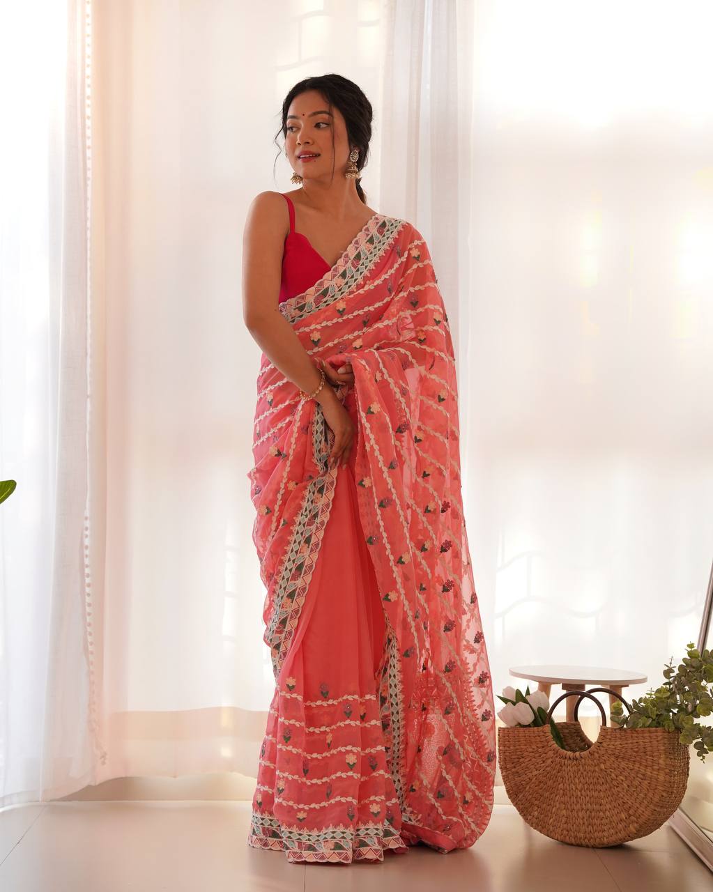 Teeya Creation Gajari Color Thai Organza Silk Embroidery Work Saree
