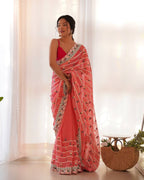 Teeya Creation Gajari Color Thai Organza Silk Embroidery Work Saree