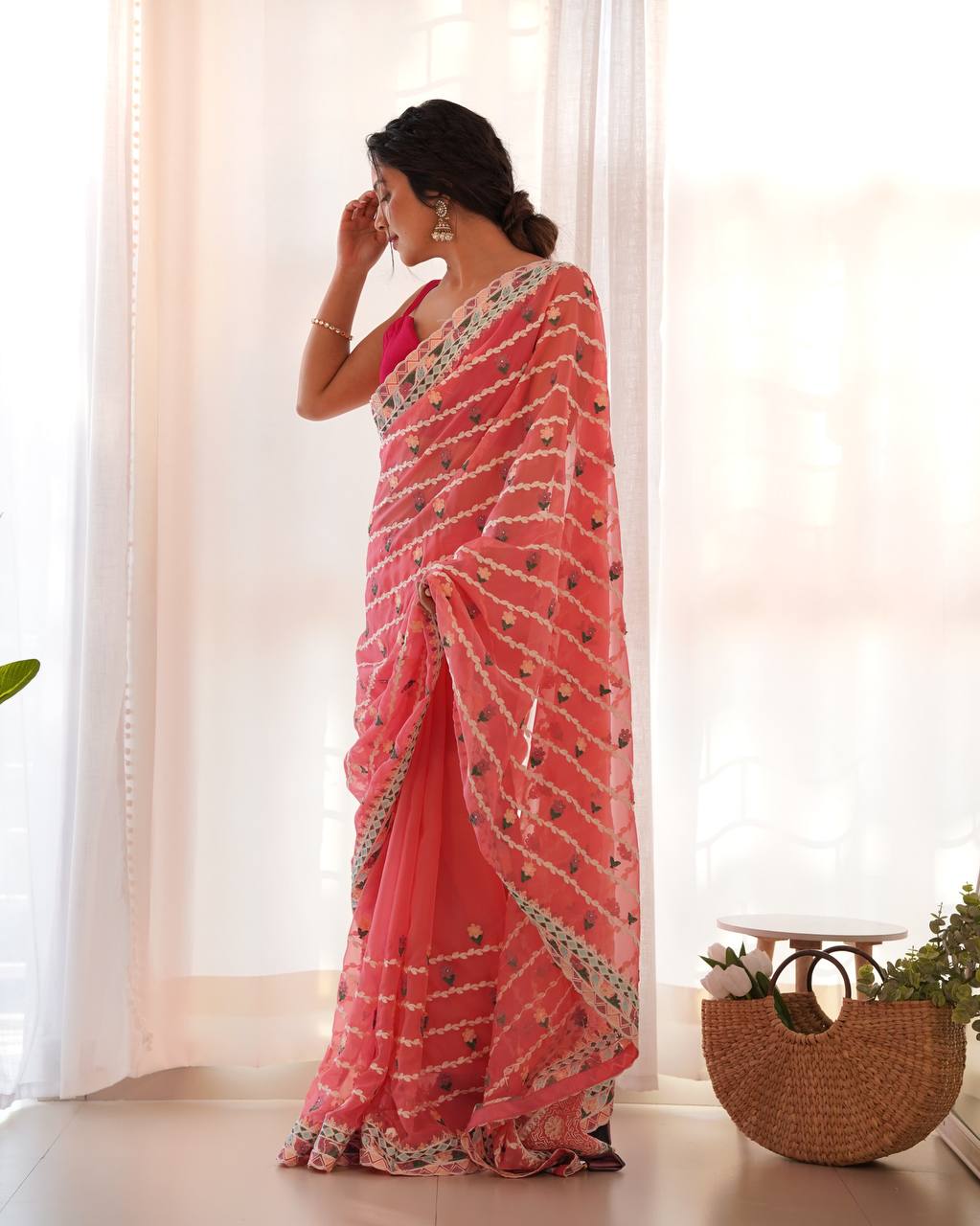 Teeya Creation Gajari Color Thai Organza Silk Embroidery Work Saree