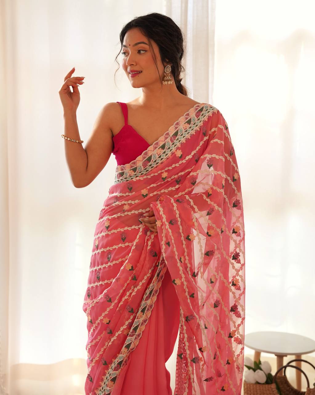 Teeya Creation Gajari Color Thai Organza Silk Embroidery Work Saree